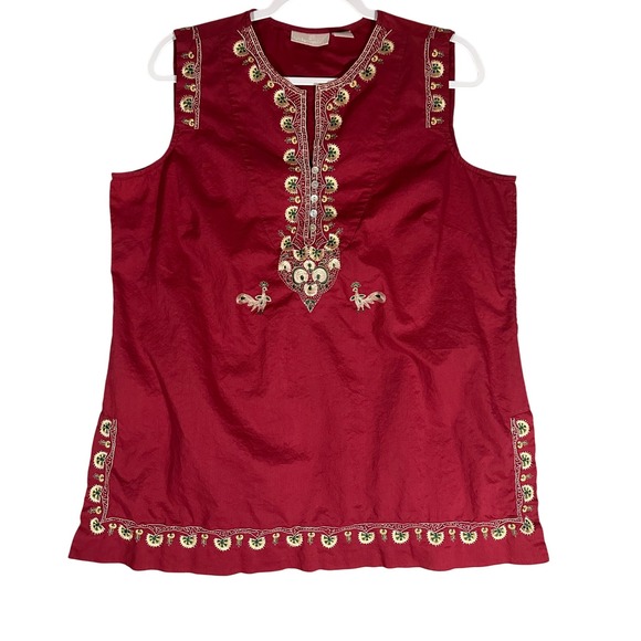 Soft Surroundings Tops - Soft Surroundings Sz XLP Red Sleeveless Embroidered Top 100% Cotton Gypsycore